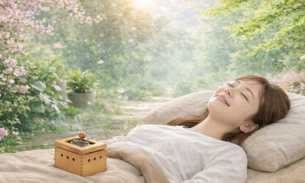 春のリラックスとへそ灸のイメージ